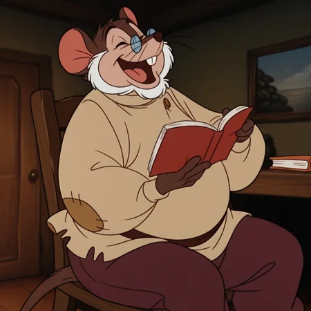 masterpiece, best quality, amazing quality, papam0us3, male, furry male, anthro, solo, mouse, brown fur, white beard, black eyes, brown nose, whiskers, buck teeth, tail, chubby, glasses, tan shirt, button, patch, brown belt, brown pants, sitting on chair, reading book, smile, closed eyes, open mouth, indoors, living room