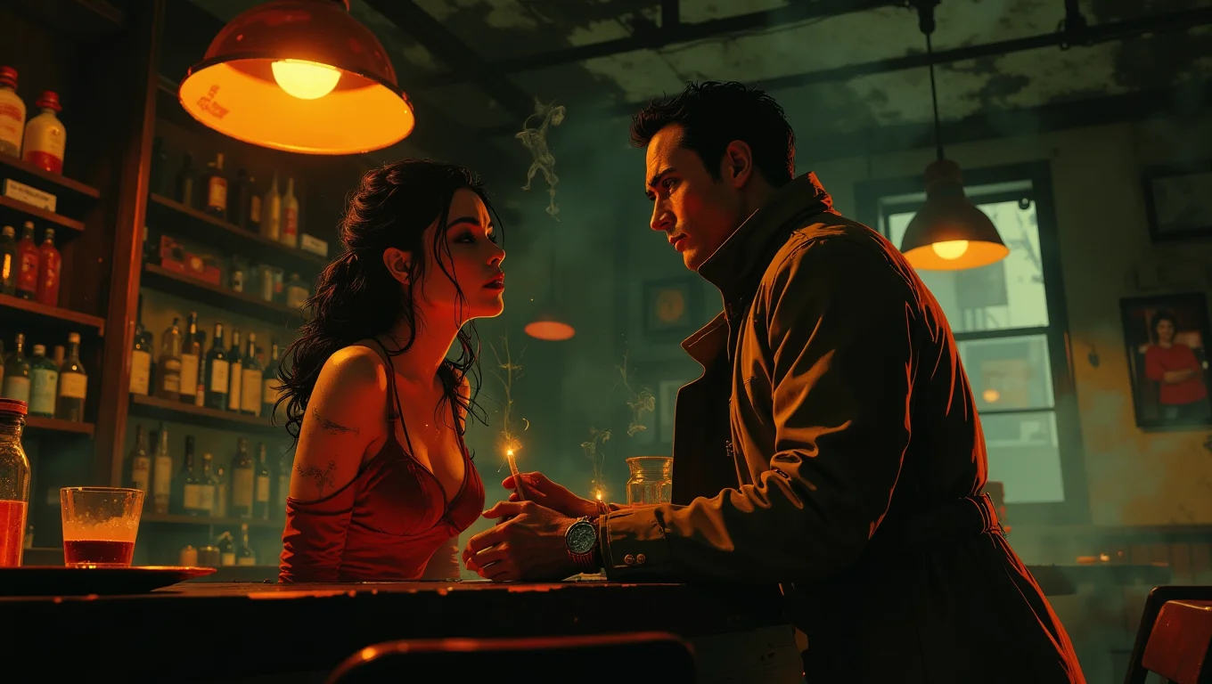 In a smoky, dimly lit bar, a stunning femme fatale in a red dress seductively leans on the counter, her gaze fixed on a hard-boiled detective in a trench coat. She holds a cigarette in one hand, the smoke curling up toward the ceiling. He watches her intently, knowing sheâs trouble
  <lora:Luminous_Shadowscape:0.6>