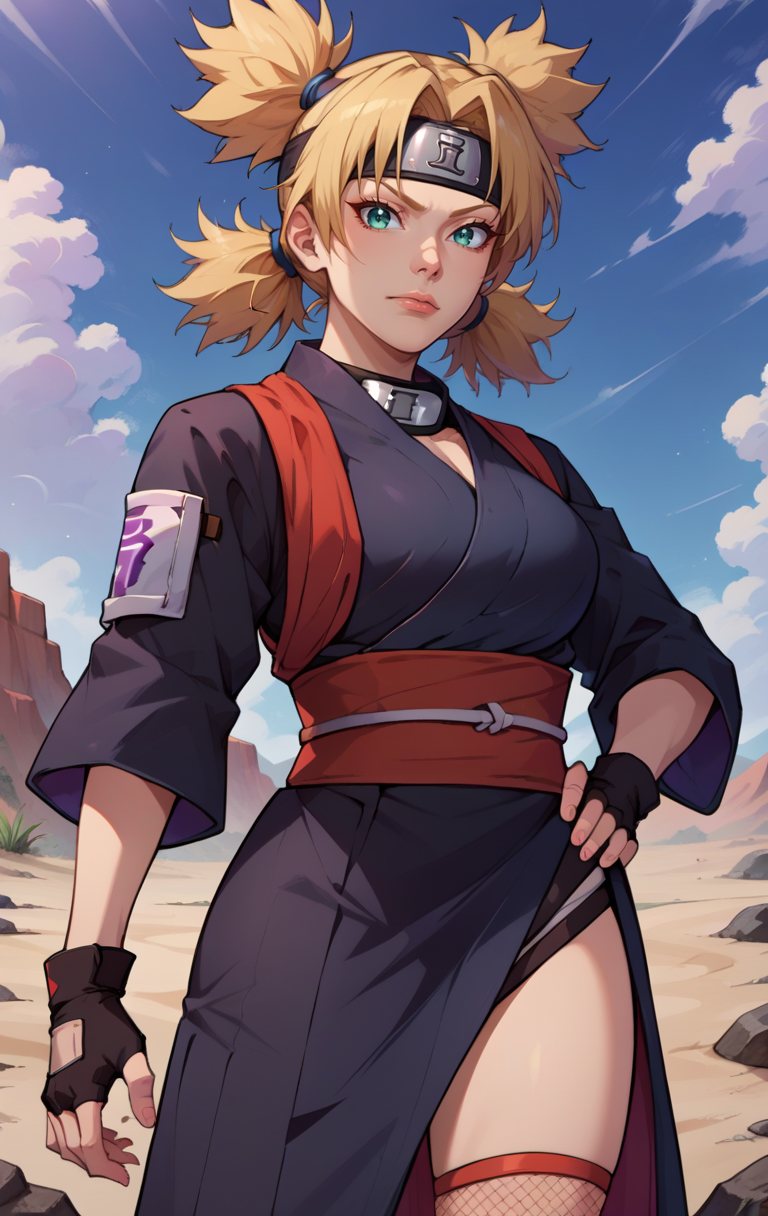 score_9, score_8_up, score_7_up, BREAK source_anime  <lora:temari:1> temariSDXL, 1girl, solo, looking at viewer, green eyes, blue eyes, four pigtails, blonde hair, black gloves, black japanese clothes, fingerless gloves, black kimono, hand on hip, sash, fishnets, forehead protector, cowboy shot, desert background, Kazekage symbol,