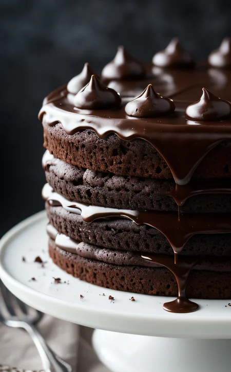 cinematic film still chocolate, chocolate cake, dark background, quality photo, moist texture, frosting, studio photo, slice . shallow depth of field, vignette, highly detailed, high budget, bokeh, cinemascope, moody, epic, gorgeous, film grain, grainy
