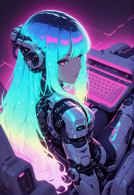 <lora:ck-shadow-circuit-IL:0.78>,
masterpiece, best quality, good quality, very aesthetic, absurdres, newest, 8K, depth of field, focused subject,
dynamic angle, from above, almost side view, wabi sabi, 1girl, holographic, holofoil glitter, faint, glowing, ethereal, neon hair, glowing hair, long hair, looking at viewer, relaxing, sci-fi
<lora:MoriiMee_Gothic_Niji_Style_Illustrious_r1:0.45>
<lora:ck-nc-cyberpunk-IL-000011:0.4>
<lora:ck-neon-retrowave-IL:0.8>