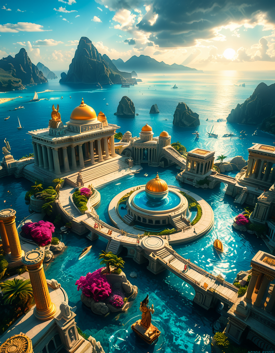 A breathtaking view of the lost city of Atlantis, submerged beneath crystal-clear ocean waters. The city showcases a magnificent blend of ancient Greek and futuristic architecture, with towering marble temples, golden domes, and intricate carvings glowing under the soft bioluminescent light of coral reefs. Majestic pillars and archways, partially covered in coral and algae, rise from the ocean floor, creating an atmosphere of mystery and forgotten grandeur. The sunlight filters through the water, casting shimmering patterns on the grand stone pathways and illuminating massive statues of gods and mythical beings, eroded by time. The scene is peaceful and awe-inspiring, with an ethereal blue glow enhancing the dreamlike, almost magical quality of this underwater utopia. No marine creatures or human presence disrupt the timeless serenity of this lost civilization.
 <lora:atl4nt1s:1>,atl4nt1s,<lora:SDXLFaeTastic2400:0.4> <lora:extremely_detailed:0.4> extremely detailed, Masterpiece,best quality,hi res,8k,hi res,8k,award winning,(sharp focus, intricate, highly detailed),