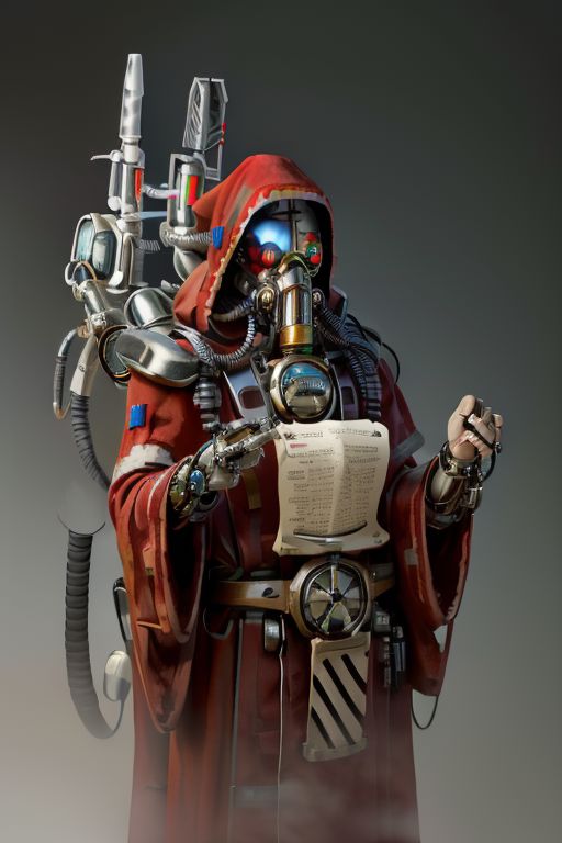 ((masterpiece,best quality)), absurdres, mechanical arms, robes, hood, ((techpriest)), cyborg, mechanical face, (cyber_tech ) mechanical limbs, gas mask, red robe, 1other, solo,