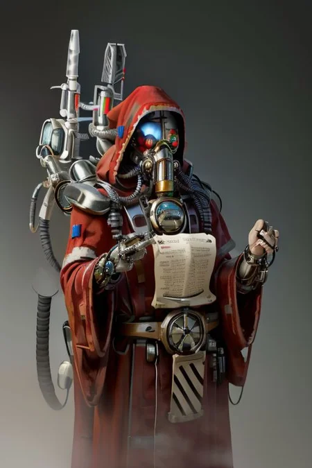 ((masterpiece,best quality)), absurdres, mechanical arms, robes, hood, ((techpriest)), cyborg, mechanical face, (cyber_tech ) mechanical limbs, gas mask, red robe, 1other, solo,