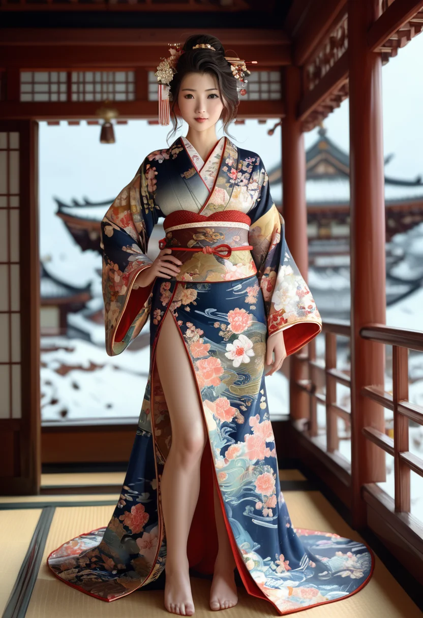 1girl, full body image, absurdres, fit body, Asian woman dressed in revealing kimono, cleavage, large breasts, center opening, open clothes, depth of field, amazing depth, detailed lighting, detailed clothing, detailed texture, detailed armor texture, detailed pagoda, background, detailxl <lora:Kimono:0.8> <lora:detailed_notrigger:1>