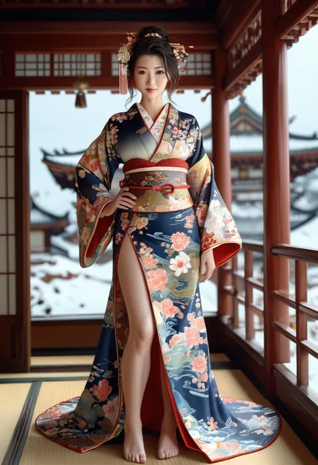 1girl, full body image, absurdres, fit body, Asian woman dressed in revealing kimono, cleavage, large breasts, center opening, open clothes, depth of field, amazing depth, detailed lighting, detailed clothing, detailed texture, detailed armor texture, detailed pagoda, background, detailxl <lora:Kimono:0.8> <lora:detailed_notrigger:1>