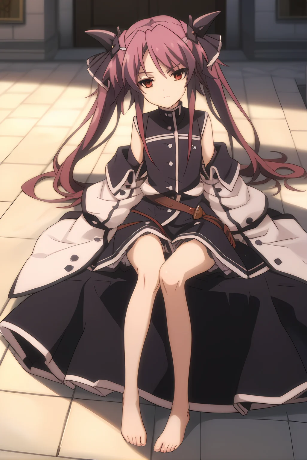 (), mt-pest, purple hair, twintails, hair ribbon, 1girl, solo, skinny, feet, score_9, score_8_up, score_8, score_7_up, score_7, source_anime, lewd, castle, (full body|wide shot|sitting|standing|lying|close-up| :1.20) <lora:mt-pest-V01-000004:0.90>
