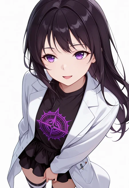 Smooth Quality,masterpiece,very intricate, high quality details, ultra realistic, high detailed skin,detailed enviorement,absurdres,
hand on own crotch,:d,
<lora:Yozora_Mikazuki_CNR:0.8> yozora_cnr, 1girl, black hair, long hair, purple eyes,, simple background, white background, sideways,solo,, expressionless,guilt,, lab coat ,print shirt,layered skirt,,diagonal-striped legwear,