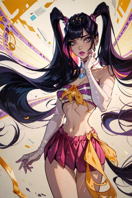 (Musa:1.5), (large fairy wings), purple hair, twintails, (pink and yellow two piece outfit), purple eyes, bangs, (purple and yellow background, music notes floating), (realistic:1.2), (masterpiece:1.2), (full-body-shot:1),(Cowboy-shot:1.2), neon lighting, dark romantic lighting, (highly detailed:1.2),(detailed face:1.2), (gradients), colorful, detailed eyes, (natural lighting:1.2), solo <lora:WinxClubEnchantixMusa-10:0.9> <lora:add_detail:0.3> <lora:BeautifulEyes:0.6>