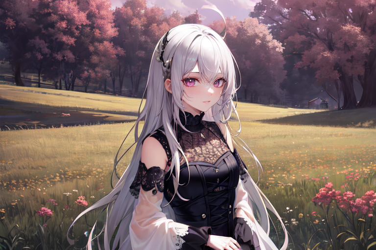 (otherworldly), highly insanely detailed, masterpiece, top quality, best quality, highres, 4k, 8k, RAW photo, (very aesthetic, beautiful and aesthetic), farm, fields, barn, fence, fantfa, <lora:FantasyFarm-10:0.3>, 
1girl, 
(shimmering silver hair,rich gold hair ,gradient hair,split-color hair,dual-toned hair,two-tone hair), 
(pink background),âââ