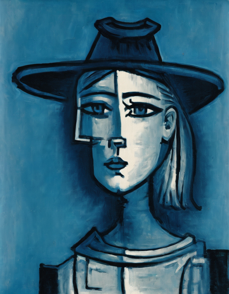 <lora:p5c0:0.66>p5c0 woman wearing a hat, blue background