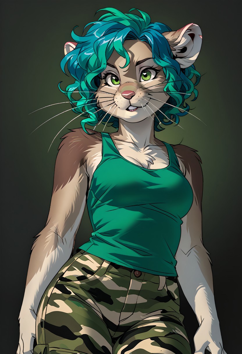 score_9, score_8_up, score_7_up, (by jailbird:1.5), (by kittydee:1.5), (by zummeng:1.5), masterpiece, best quality, (solo),
(Furry Art: anthro: ili pika:1.5), 1girl, expressive eyes, feminine eyes, <lora:beautiful_detailed_eyes:1>, perfect face, rodent, rounded ears, brown fur, whiskers, tailless, green eyes, (light blue hair:1.5), (dark green inner hair:1.3), (short hair), (wavy hair), medium breasts, (military camouflage pants:1.5), (green tank top:1.5),