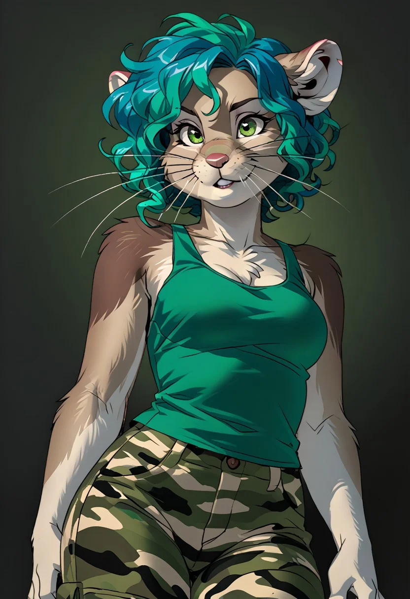 score_9, score_8_up, score_7_up, (by jailbird:1.5), (by kittydee:1.5), (by zummeng:1.5), masterpiece, best quality, (solo),
(Furry Art: anthro: ili pika:1.5), 1girl, expressive eyes, feminine eyes, <lora:beautiful_detailed_eyes:1>, perfect face, rodent, rounded ears, brown fur, whiskers, tailless, green eyes, (light blue hair:1.5), (dark green inner hair:1.3), (short hair), (wavy hair), medium breasts, (military camouflage pants:1.5), (green tank top:1.5),