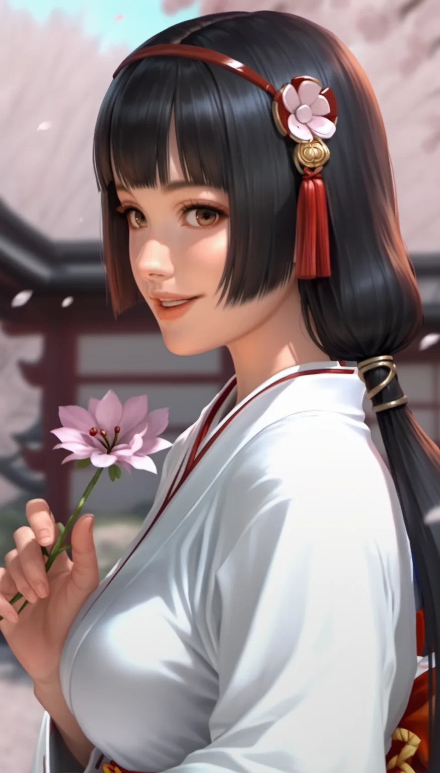 score_9,score_8_up,score_7_up,
<lora:NaotoraIi:0.9>,
naotora ii,
photorealism,
1girl,solo,black hair,blunt bangs,low twintails,
red hair ornament,red hairband,white scrunchie,
miko outfit,
brown eyes,looking at viewer,smile,parted lips,
portrait,holding flower,from side,
blurry background,bloom,lights particle,outdoors,cherry blossoms,japanese style wall,vignetting,len flare,