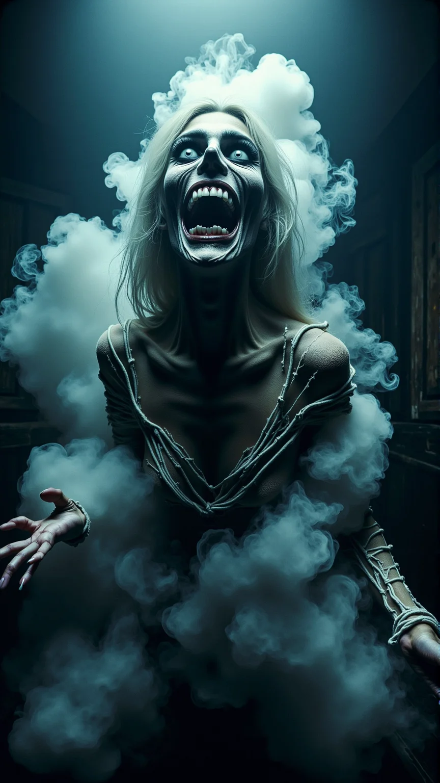 A stunning horror a professional (film grain:1.2) photography, realistic photo of a dark cursed ebony atmospheric Flip <lora:DarkmosphericFlux:0.75>, gas spirit rising up, high resolution photography, ultra resolution, 4k, 8k, 16k, HDR, DOF, studio photography, professionalismphotography,center-focused,eye-level angle,shallow depth of field,Monochromatic color palette,strong backlight,fantastic colors,detailed skin pores,80s music clip background,(selfie:1.1),shot on FujiFilm X-T4 with Fujinon XF 35mm f-2 R WR