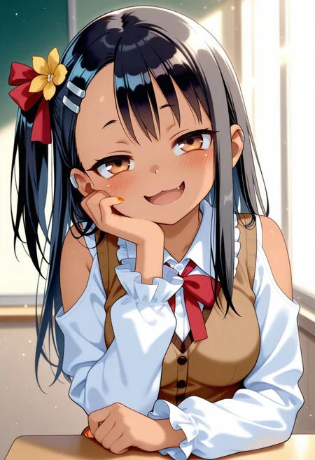 masterpiece, cute, lovely, (best quality:1.3), (amazing quality:1.3) ,very aesthetic, 1girl, solo, blush, (medium breasts:1.2), face satisfied, high gradient eyes, Nagatoro_Hayase_Style, black_hair, brown_eyes, bangs, long_hair, hairclip, hair_ornament, straight_hair, very cute, light particles, cute details, cute colors, naughty face, smug, BREAK, blush, brown vest, clothing cutout, flower, frilled sleeves, frills, hair ornament, hair ribbon, hand on own cheek, hand on own face, head rest, looking at viewer, neck ribbon, one side up, open mouth, red ribbon, ribbon, shirt, shoulder cutout, sunlight, upper body, vest, white shirt, yellow flower, bow, hair flower, jacket, smile, collared shirt, long sleeves, red bow, white jacket,:d, orange nails, frilled collar, eighth rest, hand on own chin