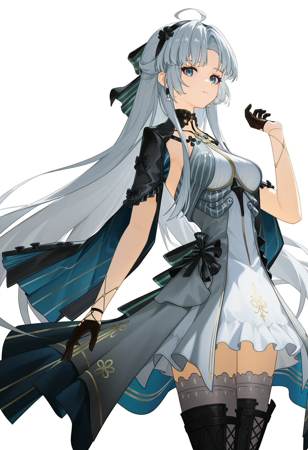 <lora:carlotta_v1.0_illustrious-000028:1>,
carlotta_\(black\)_\(wuthering waves\),solo,long hair,blue eyes,dress,black gloves,ahoge,looking at viewer,jewelry,closed mouth,grey thighhighs,boots,breasts,standing,grey hair,thigh boots,hairband,very long hair,parted bangs,grey dress,white_background,half gloves,