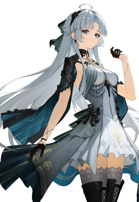 <lora:carlotta_v1.0_illustrious-000028:1>,
carlotta_\(black\)_\(wuthering waves\),solo,long hair,blue eyes,dress,black gloves,ahoge,looking at viewer,jewelry,closed mouth,grey thighhighs,boots,breasts,standing,grey hair,thigh boots,hairband,very long hair,parted bangs,grey dress,white_background,half gloves,