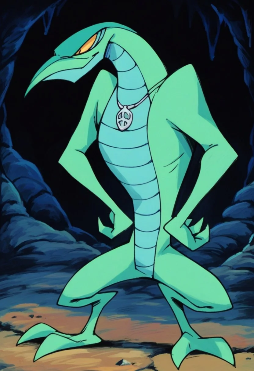 score_9_up, score_8_up, score_7_up, score_6_up, 1girl, solo, Amber_SDAI, alien, yellow eyes, black pupils, claws, necklace, full body, hands on hips, smile, animation, (painted art), in a cave
