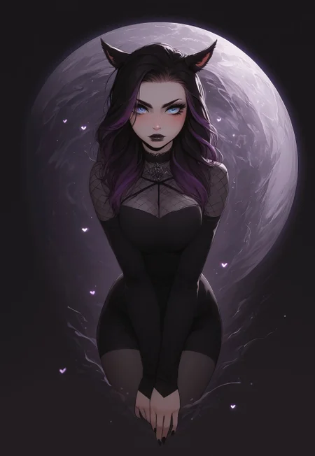 safe_pos, score_9,score_8_up,score_7_up,score_6_up, Goth girl 1girl, Goth girl, miqo'te, FemmeMiq, cat girl, cat ears, animal ears, animal ear fluff, ((woman with long black hair with purple highlights)), bangs, freckles, bold makeup, black lips, long eyelashes, eyeliner, ((large expressive blue eyes)), hourglass figure, medium breast, perky breast, perfect round ass, dark eyeliner, long eyelashes, dark pupils, high contrast shadows, high res image, masterpiece, dynamic shot, <lora:Expressive_H:0.65>, <lora:incase-ilff-v3-4:0.5> <lora:g0th1cPXL:0.45>, <lora:princess_pony_v1:0.1> <lora:Branwen_QBR:0.7>, high gradient eyes, eyesHD, dynamic pose, dynamic, detailed eyes, high definition eyes, amazing quality, wallpaper, looking at viewer, full body, goth clothes, choker, high shoes, fishnet, gothic castle, gothic scenery, tim burton scenery, twilight, 