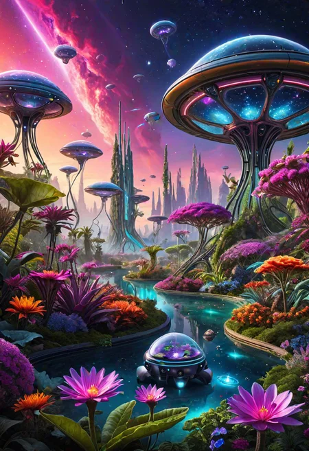 An awe-inspiring image of a cosmic garden on an alien planet, where advanced technology seamlessly integrates with otherworldly flora. The garden is illuminated by a breathtaking neon-colored sky, creating a surreal and vibrant atmosphere. Various alien plant species coexist with futuristic structures and devices, their forms merging into a harmonious symbiotic ecosystem. Hovering drones and robotic creatures can be seen tending to the garden, further emphasizing the fusion of nature and technology.