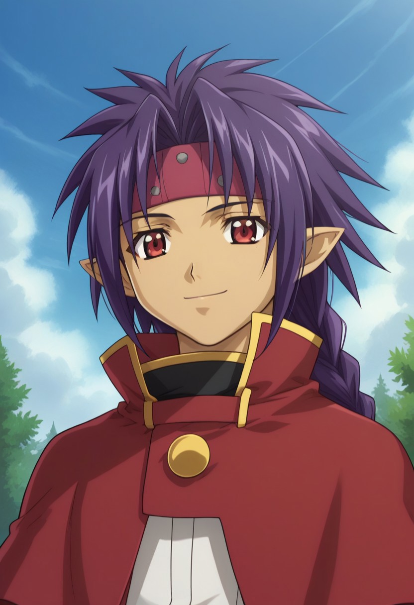 score_9, score_8_up, score_7_up, source_anime, highly detailed, 
chrono, solo, braid, 1boy, long hair, male focus, red eyes, upper body, headband, purple hair, bow, coat, smile, single braid, capelet, pointy ears, shirt, white shirt, tailcoat, red tailcoat, red capelet, dark skin, dark-skinned male, tights, bow, yellow bow,
outdoor, sky,