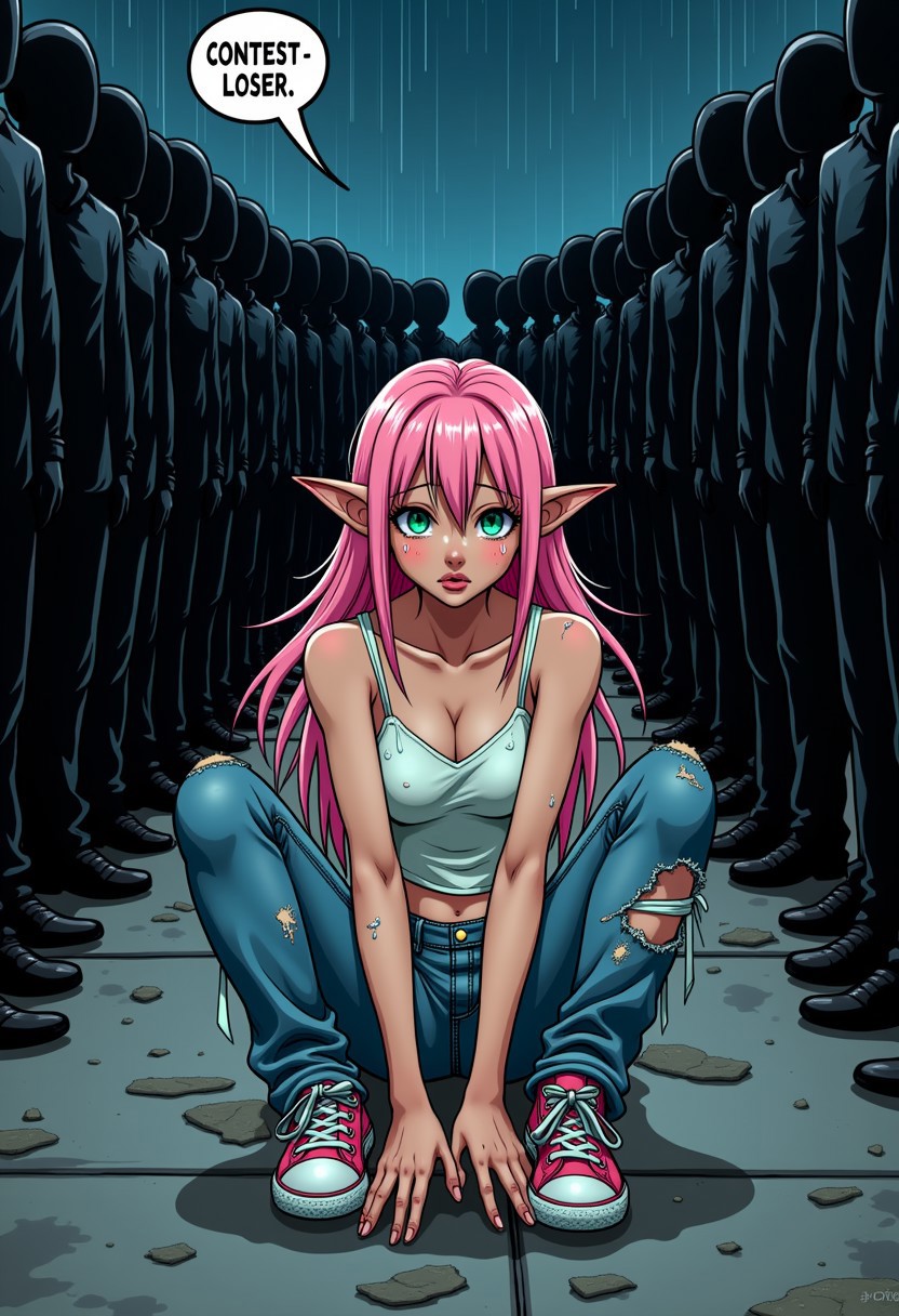 An anime style, close up picture of a beautiful, dejected pink haired, green eyed elf woman kneeling on the ground crying. The setting is night time, on the sidewalk of a city street, and it is raining. She is wearing faded jeans, colorful tennis shoes, and a camisole. Her clothes are torn and she is dirty and bruised. She is wet, very sad, and tears are streaming down her face. She is completely surrounded by a huge crowd of dark, faceless silhouettes who are all towering over her, pointing and laughing at her. The perspective is a close up of the girl, looking up at the crowd towering over her. There is a text bubble from the crowd that says "CONTEST LOSER."