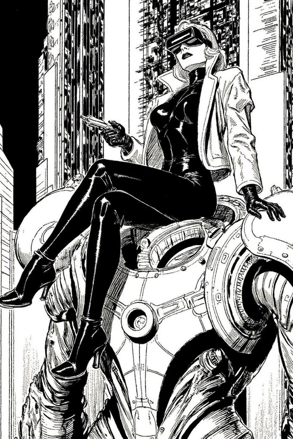 alexray1 drawing
A striking, futuristic scene depicts a woman dressed in sleek, form-fitting leather attire, sitting confidently atop an open power suit, inspired by the cyberpunk aesthetics of Masamune Shirow. The power suit, a blend of advanced technology and military-grade armor, features intricate mechanical details, exposed wiring, and a robust, yet streamlined design. The woman, wearing a cutting-edge VR headset, exudes a sense of control and mastery over the machine beneath her. Her posture is relaxed yet commanding, with one hand resting on the suit's metallic surface and the other casually holding a piece of advanced tech. The background is a high-tech industrial setting, with dim lighting that casts dramatic shadows, highlighting the fusion of human and machine. The overall atmosphere is one of futuristic coolness and cybernetic elegance, capturing the essence of Shirow's iconic style  <lora:alexray1_nocap_d6a3:1.0><lora:815513727429416344:0>