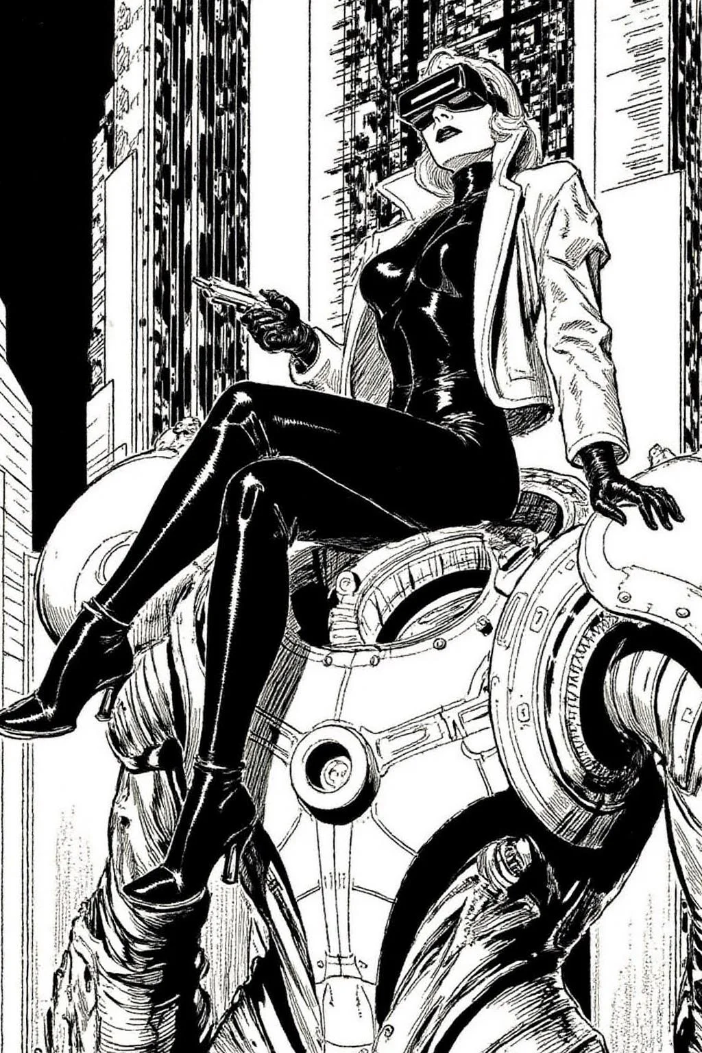 alexray1 drawing
A striking, futuristic scene depicts a woman dressed in sleek, form-fitting leather attire, sitting confidently atop an open power suit, inspired by the cyberpunk aesthetics of Masamune Shirow. The power suit, a blend of advanced technology and military-grade armor, features intricate mechanical details, exposed wiring, and a robust, yet streamlined design. The woman, wearing a cutting-edge VR headset, exudes a sense of control and mastery over the machine beneath her. Her posture is relaxed yet commanding, with one hand resting on the suit's metallic surface and the other casually holding a piece of advanced tech. The background is a high-tech industrial setting, with dim lighting that casts dramatic shadows, highlighting the fusion of human and machine. The overall atmosphere is one of futuristic coolness and cybernetic elegance, capturing the essence of Shirow's iconic style <lora:alexray1_nocap_d6a3:1.0><lora:815513727429416344:0>