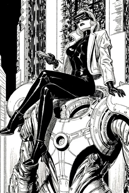 alexray1 drawing
A striking, futuristic scene depicts a woman dressed in sleek, form-fitting leather attire, sitting confidently atop an open power suit, inspired by the cyberpunk aesthetics of Masamune Shirow. The power suit, a blend of advanced technology and military-grade armor, features intricate mechanical details, exposed wiring, and a robust, yet streamlined design. The woman, wearing a cutting-edge VR headset, exudes a sense of control and mastery over the machine beneath her. Her posture is relaxed yet commanding, with one hand resting on the suit's metallic surface and the other casually holding a piece of advanced tech. The background is a high-tech industrial setting, with dim lighting that casts dramatic shadows, highlighting the fusion of human and machine. The overall atmosphere is one of futuristic coolness and cybernetic elegance, capturing the essence of Shirow's iconic style <lora:alexray1_nocap_d6a3:1.0><lora:815513727429416344:0>