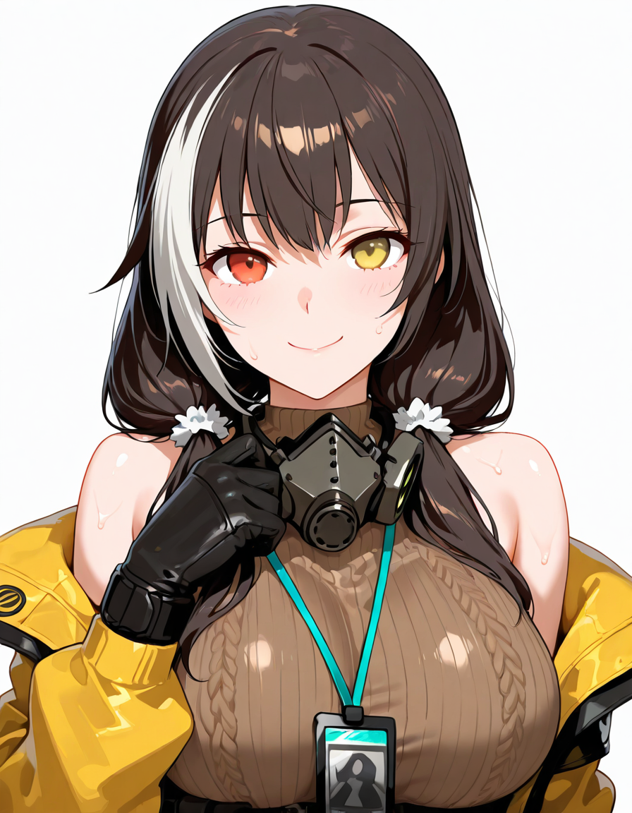 Volumetric Lighting, (masterpiece), (best quality), (ultra-detailed), masterpiece, source_anime, score_9, score_8_up, score_7_up BREAK, illustration, disheveled hair, detailed eyes, perfect composition, moist skin, intricate details, detailed eyes, detailed face, detailed fingers BREAK, heterochromia, red eye, yellow eye, black hair, low twintails, streaked hair, white hair,large breast BREAK, RO635mod3, mod3_belt_pouch,mask around neck, mod3_sleeveless_sweater, mod3_lanyard, mod3_id_card, mod3_jacket, off-shoulders, mod3_gloves, BREAK, ((white background)),looking at viewer, smile, upper body, face focused, hand up