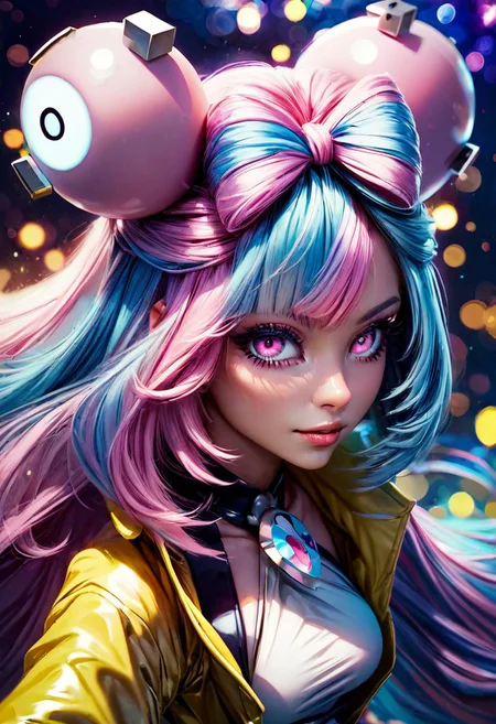 (ultra realistic, 32k, masterpiece:1.2), (high detailed skin:1.1), (high quality:1.1),score_9, score_8_up, score_8, medium breasts, cute, eyelashes, zzionopokemon, solo, 1girl, long hair, pink eyes, blue hair, pink hair, light blue hair, multicolored hair, bow-shaped hair, yellow jacket, looking at viewer, upper body, bokeh, luminescent background,