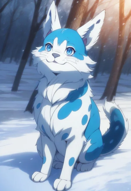 score_9, score_8_up, score_7_up, source_anime BREAK winter background, snow, ice Chillet_Palworld, feral, light blue fur, blue eyes, white underbelly, blue back spikes, blue chest markings, blue spots, blue-tipped ears, whiskers, long animal ears, long tail, lying, on stomach smile, looking at viewer, smile detailed background, beautiful scenery <lora:add-detail-xl:1>, anime screencap:1.5