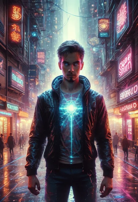 score_9,score_8_up,score_7_up, A soon to be unemployed blue robot, 1 man, futuristic cyberpunk cityscape background, neon lights and brightly lit marquees, wet streets reflect the neon glow of the city, analog photography, ultrarealistic, hdr, Cyberspace, psych3delic