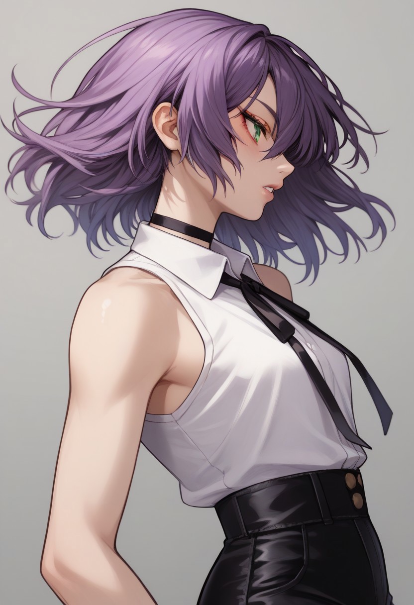 <lora:Pony_XL_Mogudan_Style:1> score_9, score_8_up, score_7_up, score_6_up, score_5_up, score_4_up, source_anime, 1girl, solo, androgynous, parted lips, finger touching lip, hand on lips, blush, from side, facing away from viewer, 
black choker, purple hair, choker, eyebrows hidden by hair, green eyes, hair between eyes, long bangs, medium hair, bare shoulders, black ribbon, black shorts, collar, collared shirt, neck ribbon, ribbon, shirt, shorts, sleeveless, sleeveless shirt, white shirt,