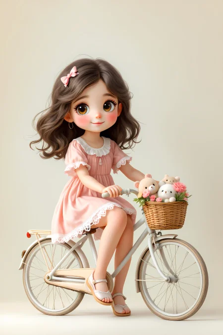A beautifully stylized kawaii girl sitting on a pastel-colored vintage bicycle. The girl wears a frilly pink dress with a white lace trim, and her wavy, shoulder-length hair is adorned with a small ribbon bow. She has big, sparkling eyes full of wonder, a soft smile, and a gentle, dreamy expression. The bicycle features a small woven basket filled with plush toys and pastel-colored flowers. The background is a soft, neutral gradient with a nostalgic, storybook-like atmosphere, evoking warmth and innocence. The lighting is soft and diffused, enhancing the dreamy and comforting feel of the scene. Inspired by Jerry Pinkney’s delicate and warm illustration style, with a focus on gentle brushstrokes and muted vintage hues. The composition is balanced, with the girl and the bicycle slightly off-center, allowing for a natural and harmonious flow within the image.
