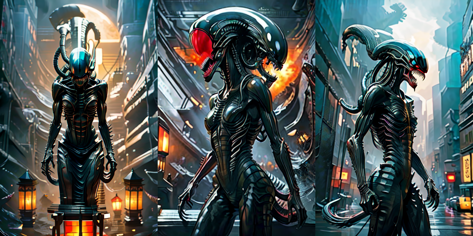 (otherworldly), highly insanely detailed, masterpiece, top quality, best quality, highres, 4k, 8k, RAW photo, (very aesthetic, beautiful and aesthetic), 
__lazy-wildcards/cosplay-char/alien-predator/xenomorph/prompts__, 
<lora:FemXeno:1>, 
(1girl:1.3), eyes focus, 
__lazy-wildcards/dataset/background__,âââ