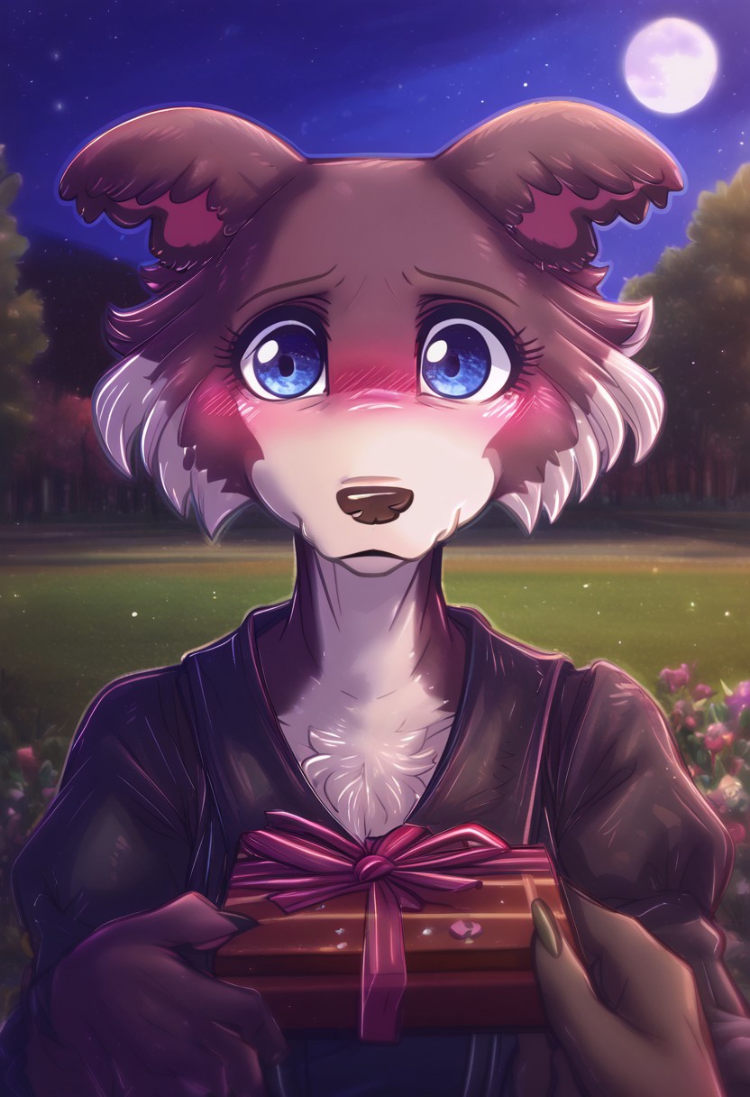 zPDXL, score_9,score_8_up,score_7_up,_up, best quality, amazing quality, masterpiece, 1girl, looking at viewer, upper_body, chocolate box, chocolate box, looking away, night, full moon, sparkles, pov, solo, cute, blush, shy face,  juno, wolf girl, animal ears, animal nose, brown fur, blue eyes, black dress, outdoors, park, flowers, contour_deepening, depth of field, huge filesize, blurry background, good_hands, Expressiveh, dimwitdog