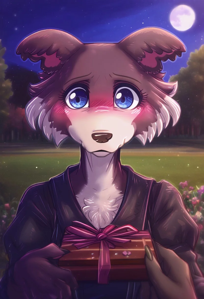 zPDXL, score_9,score_8_up,score_7_up,_up, best quality, amazing quality, masterpiece, 1girl, looking at viewer, upper_body, chocolate box, chocolate box, looking away, night, full moon, sparkles, pov, solo, cute, blush, shy face, juno, wolf girl, animal ears, animal nose, brown fur, blue eyes, black dress, outdoors, park, flowers, contour_deepening, depth of field, huge filesize, blurry background, good_hands, Expressiveh, dimwitdog