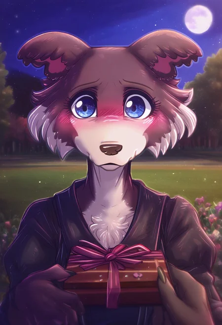 zPDXL, score_9,score_8_up,score_7_up,_up, best quality, amazing quality, masterpiece, 1girl, looking at viewer, upper_body, chocolate box, chocolate box, looking away, night, full moon, sparkles, pov, solo, cute, blush, shy face,  juno, wolf girl, animal ears, animal nose, brown fur, blue eyes, black dress, outdoors, park, flowers, contour_deepening, depth of field, huge filesize, blurry background, good_hands, Expressiveh, dimwitdog