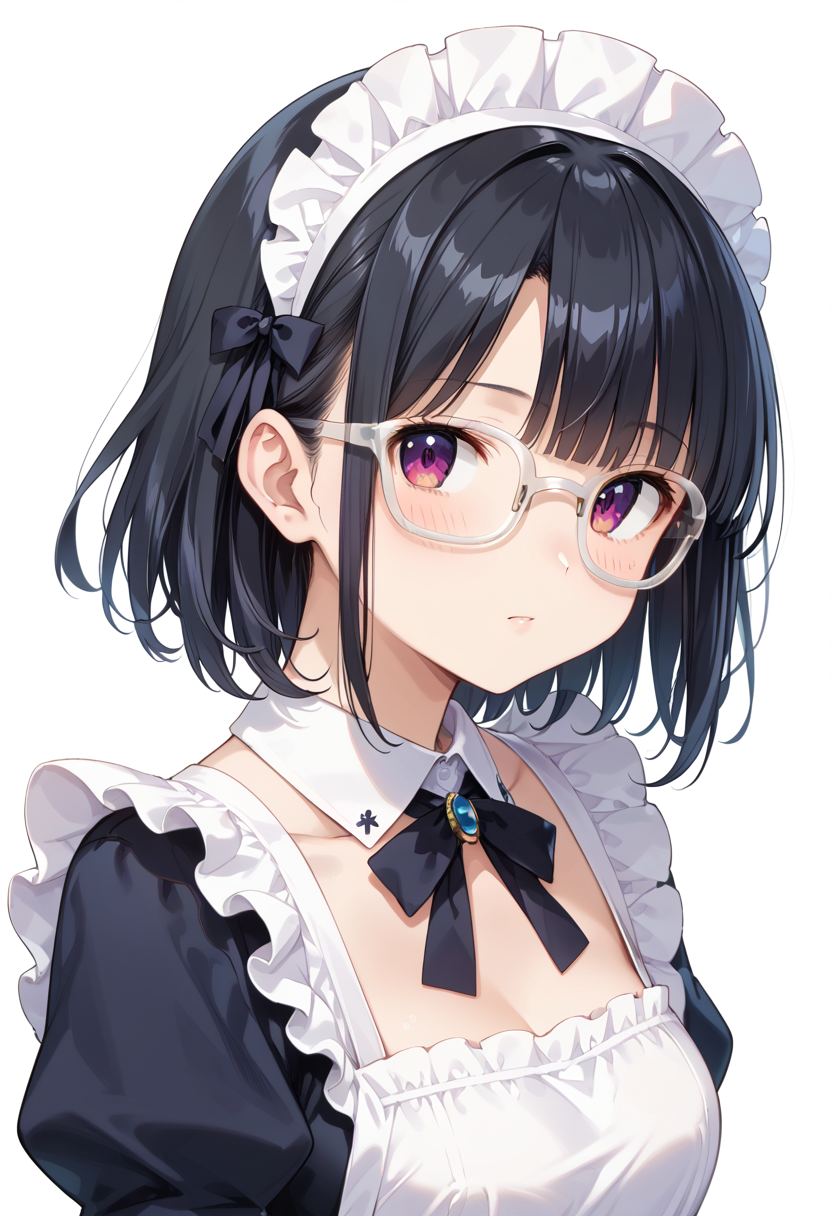 score_9, score_8_up, score_7_up, rating_safe, masterpiece, best quality, absurdres, unity 8k wallpaper, official art, official style, source_anime, uncensored, game cg, megami magazine,
1girl, solo, black hair, medium hair, upper body, covered eyes,maid, maid headdress, black dress, maid apron, face focus,
Wellington22A, glasses, white background, simple background, white-framed eyewear
 <lora:glasses_Wellington22A1_PONY_V1:1>