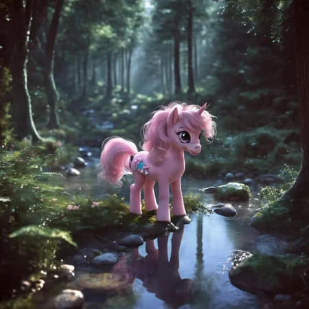 A cute pink MLPIRL standing next to a river in the forest <lora:MLPIRL_-_My_Little_Pony_In_Real_Life:1.0>