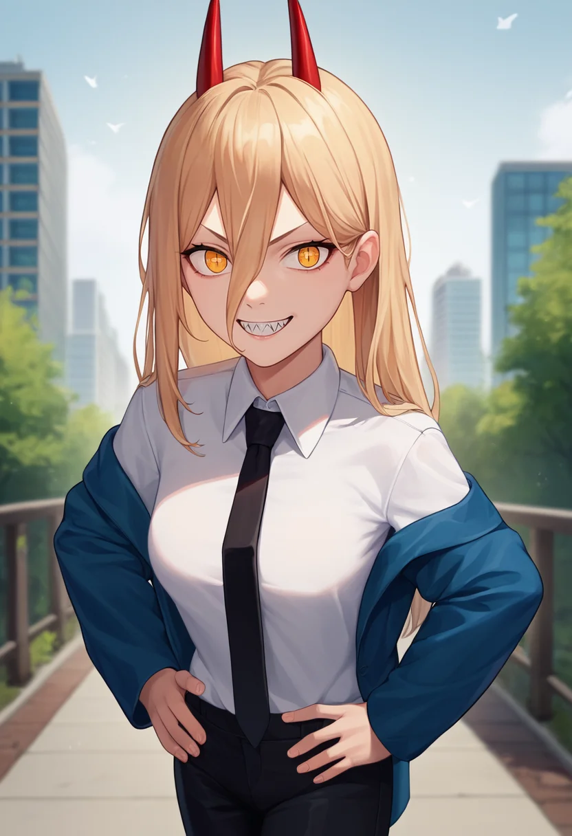 score_9, score_8_up, score_7_up, source_anime, solo, 1girl, csmp0werdef, sharp teeth, grin, looking at viewer, standing, hands on own hips, red horns, demon horns, yellow eyes, cross-shaped pupils, formal, blue jacket, off shoulder, long sleeves, white shirt, collared shirt, black necktie, black pants, medium breasts, outdoors <lora:csm_power_ponyXL:1>