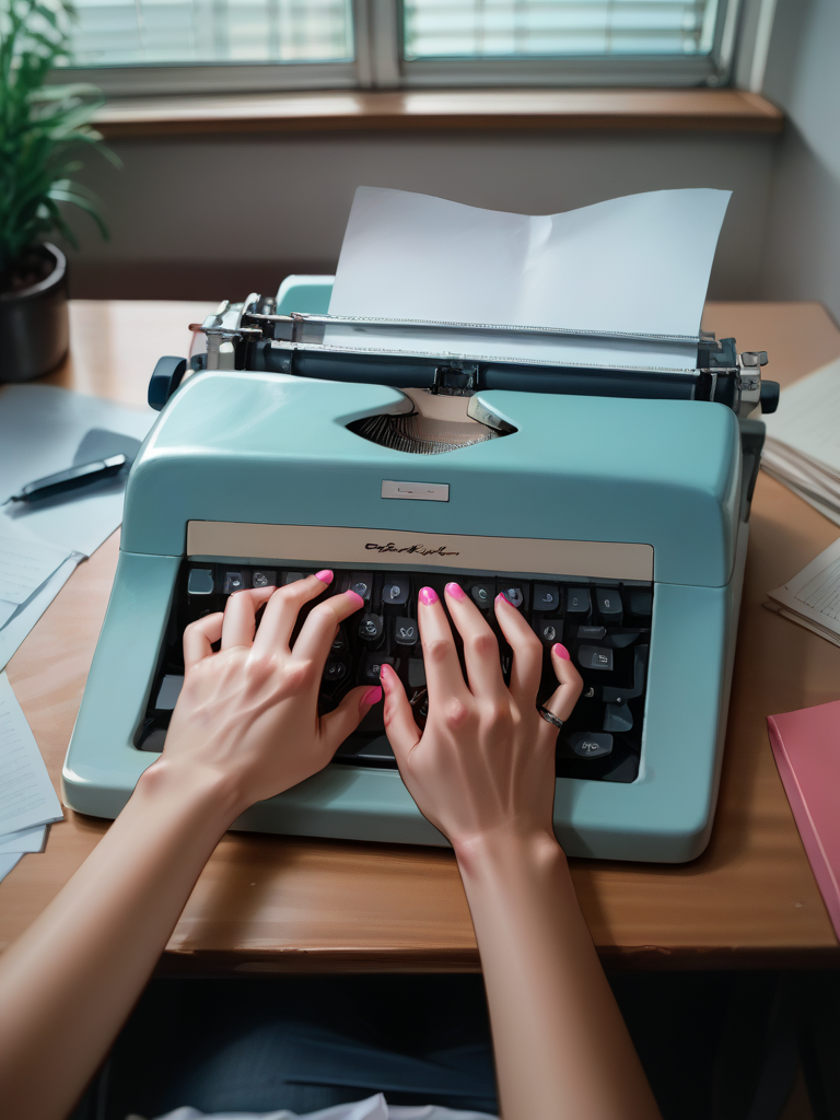 score_9, score_8_up, score_7_up, source_anime, BREAK

Female POV, Desk, Office, Typewriter, Typing, Pink Nail Polish