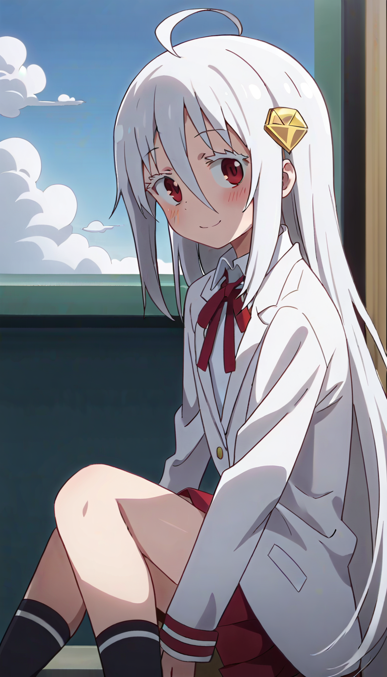 score_9,score_8_up,masterpiece,best quality,correct anatomy,anime_source,1girl,solo,perfect eyes,perfect arms,perfect legs,perfect face,outdoors,upper body,(portrait:1.5),looking at viewer,facing viewer,smile,blush,Hikari Kongo,ahoge,very long hair,white hair,hair ornament,hair between eyes,bangs,colored eyelashes,red eyes,loose clothes,school uniform,white jacket,blazer,neck ribbon,red ribbon,white shirt,collared shirt,long sleeves,flat chest,red skirt,pleated skirt,black socks,brown footwear,<lora:Hikari Kongo(huc)-Pony:1.4>,