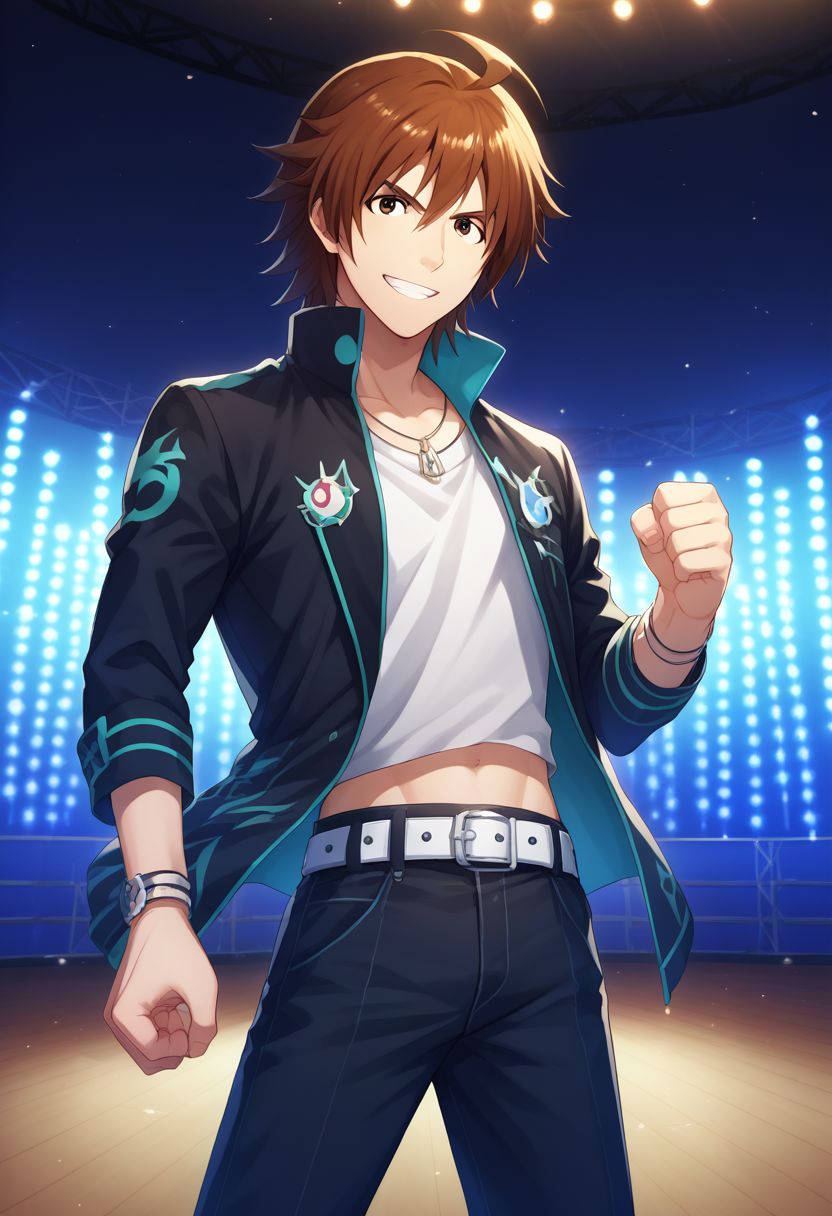 score_9, score_8_up, score_7_up, source_anime, highly detailed, 
touma, 1boy, male focus, brown hair brown eyes, solo, ahoge, smile, belt, jacket, stage,
jewelry, clenched hand, shirt, stage lights, midriff peek, pants,