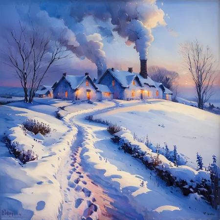 masterpiece, best quality, <lora:add-detail-xl:1>, ArsMJStyle, impressionism, A snow-covered village at dusk, with warm light spilling from cottage windows onto the blue-shadowed snow. Smoke rises from chimneys, blending with the darkening sky. A lone figure hurries along a path, leaving a trail of footprints in the fresh snow, capturing a moment of solitary peace. <lora:ArsMJStyle-ImpressionismSDXL:1.5>