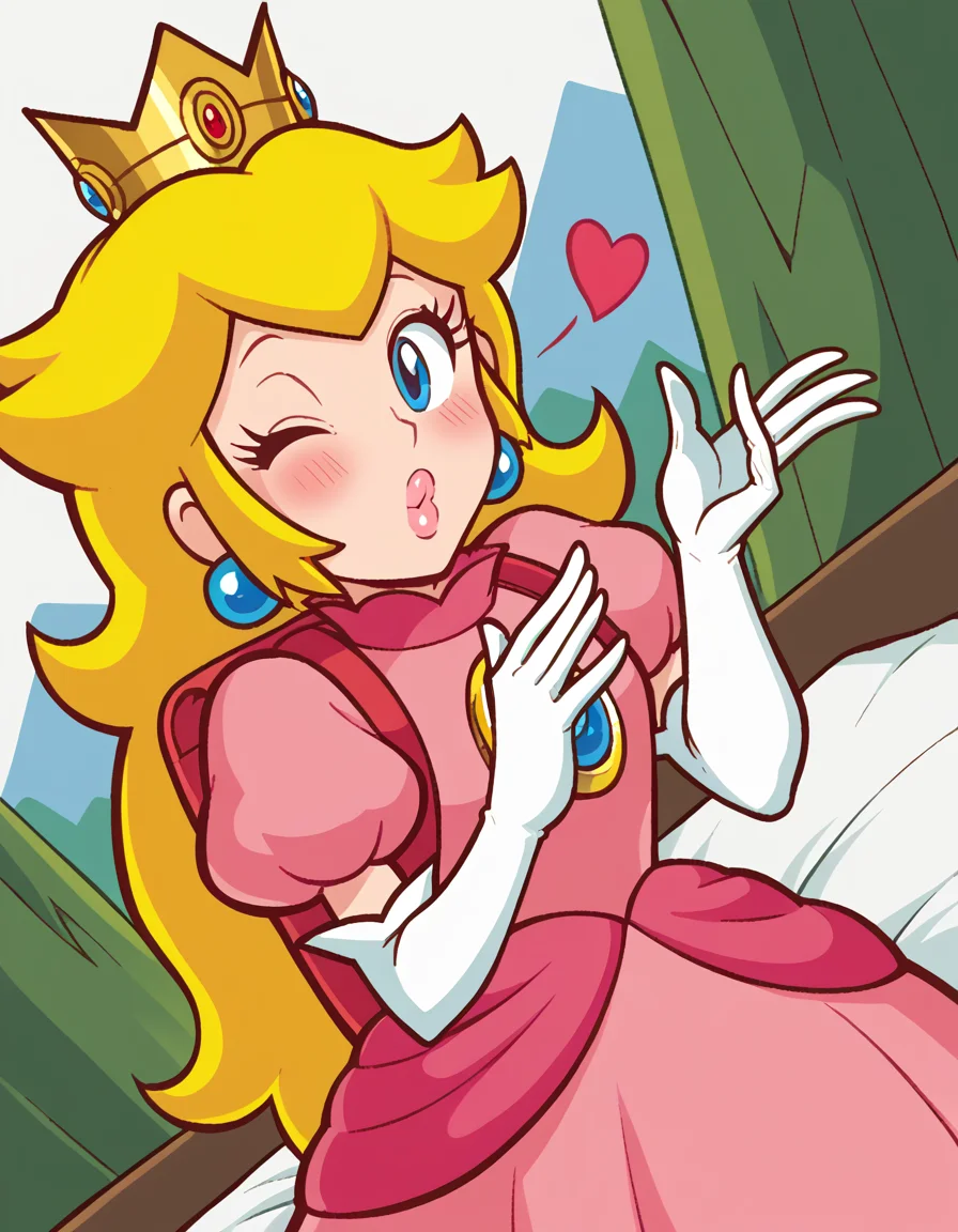score_9, score_8_up, score_7_up, source_anime, <lora:super-princess-peach-ingame-ponyxl-lora-nochekaiser:1>, princess peach, blonde hair, blue eyes, long hair,, crown, dress, gem, gloves, pink dress, puffy short sleeves, puffy sleeves, short sleeves, white gloves,, mountain trail, hiking, nature, backpack, adventure, fresh air, , <lora:blowing-kiss-ponyxl-lora-nochekaiser:1>, blowing kiss, pucked lips, heart, one eye closed, o3o, hand up, bed room, bed, blush, cowboy shot, dutch angle,, looking at viewer, solo,, dutch angle, cowboy shot