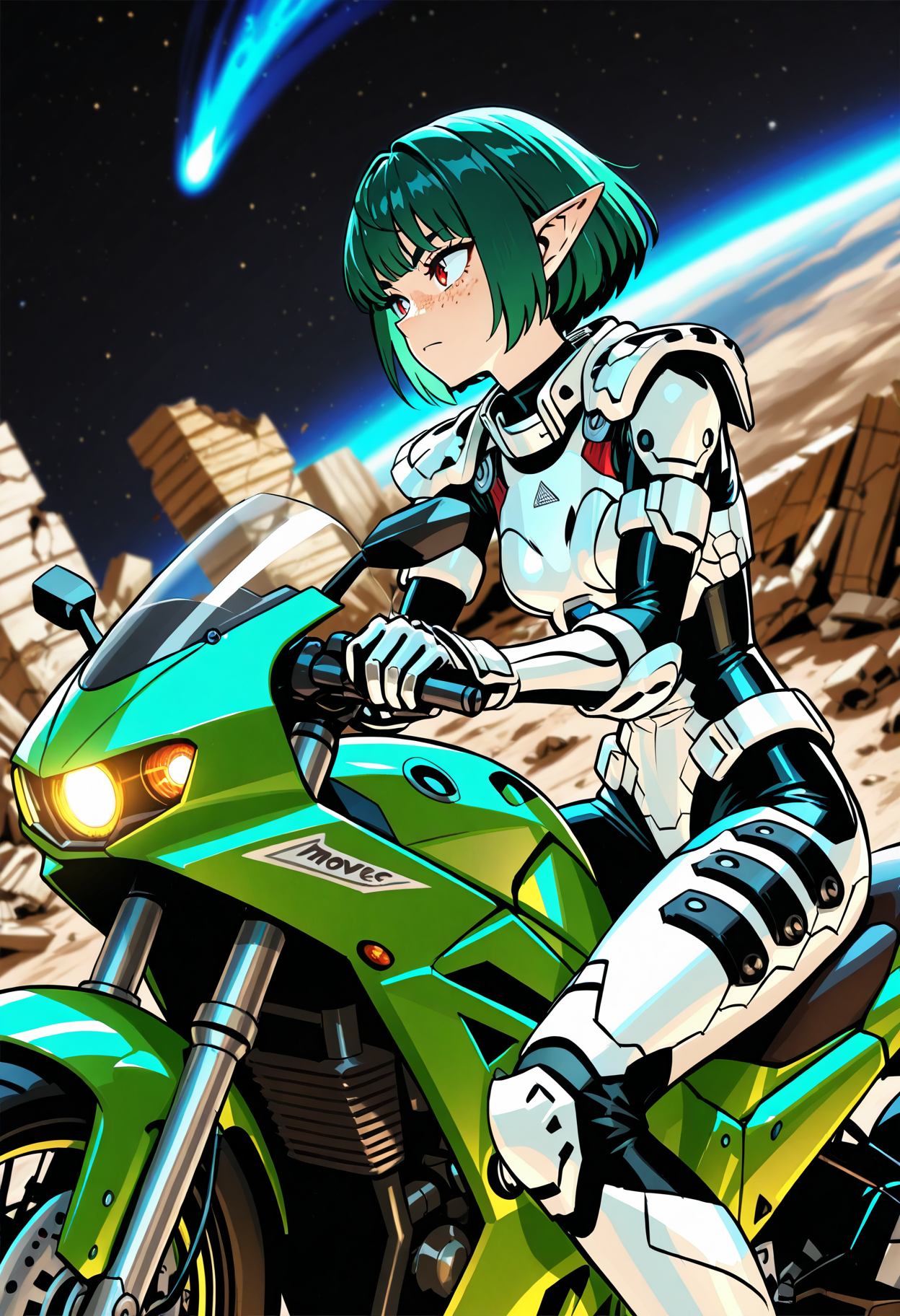 1girl, green hair, pointed ears, bob hair, red eyes, detailed eyes, small breasts, tomboy face, freckles, scars on forearms,
sitting on bike, green motorcycle, ruins, space, provoactive, dutch angle, controls motorcycle, riding, moution lines, blurred background,
cowboy shot,  side view,
<lora:AugmentedReactionSuitIL:1>,   augmentedreactionsuit, science fiction, white armor, white gauntlets, white knee pads, white chestplate, armor, 
masterpiece,best quality,amazing quality,     <lora:yusuke-murataIL-style:0.8>