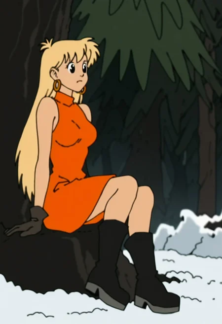 score_9, score_8_up, score_7_up, score_6
woman, tiffany, kangoo,detailed eyes, detailed face, (retro artstyle, 1990s \(style\), flat color, toon \(style\)),1girl, female, dress, solo, female,black eyes, breasts, outdoors, red dress, snow, tree, signature, medium breasts, sleeveless dress, boots, black footwear, sleeveless, orange dress, closed mouth, bare shoulders, full body, body, alternate hair length, long hair, alternate hairstyle, arm support, gloves, sitting,blonde hair
